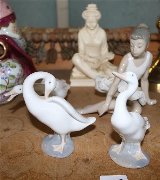 3 Lladro swans, ballerine figure & 1 other